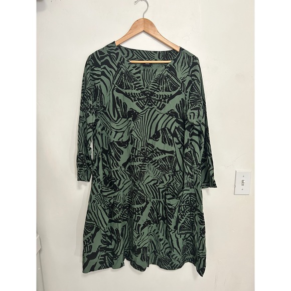Bitte Kai Rand Green Black Abstract Print 3/4 Sleeve Pocket Dress M - Picture 2 of 11